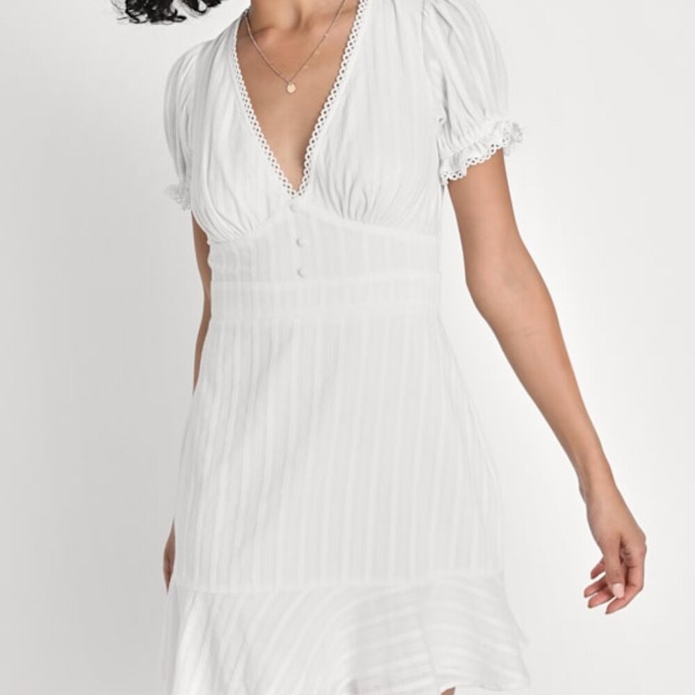 Lulus Vibing In Venice White Ruffled Puff Sleeve Mini Dress - Size S